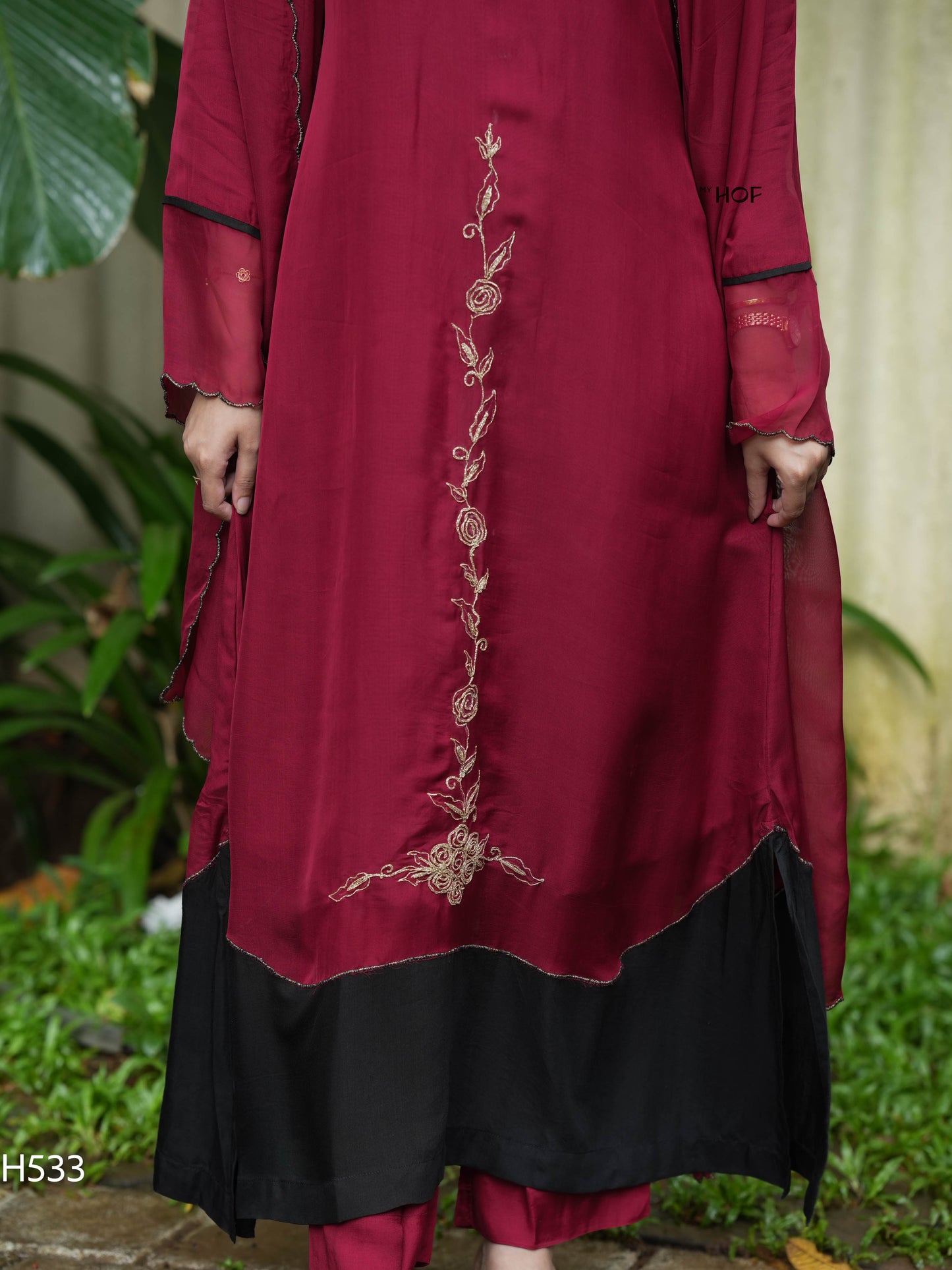 MY HOF Maroon and Black Suit Set With Embroidery In Organza (H533)