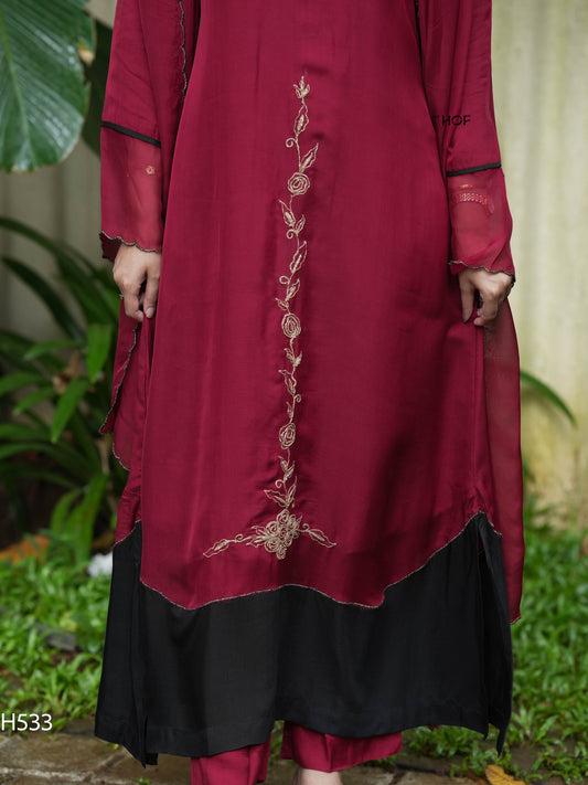 MY HOF Maroon and Black Suit Set With Embroidery In Organza (H533)