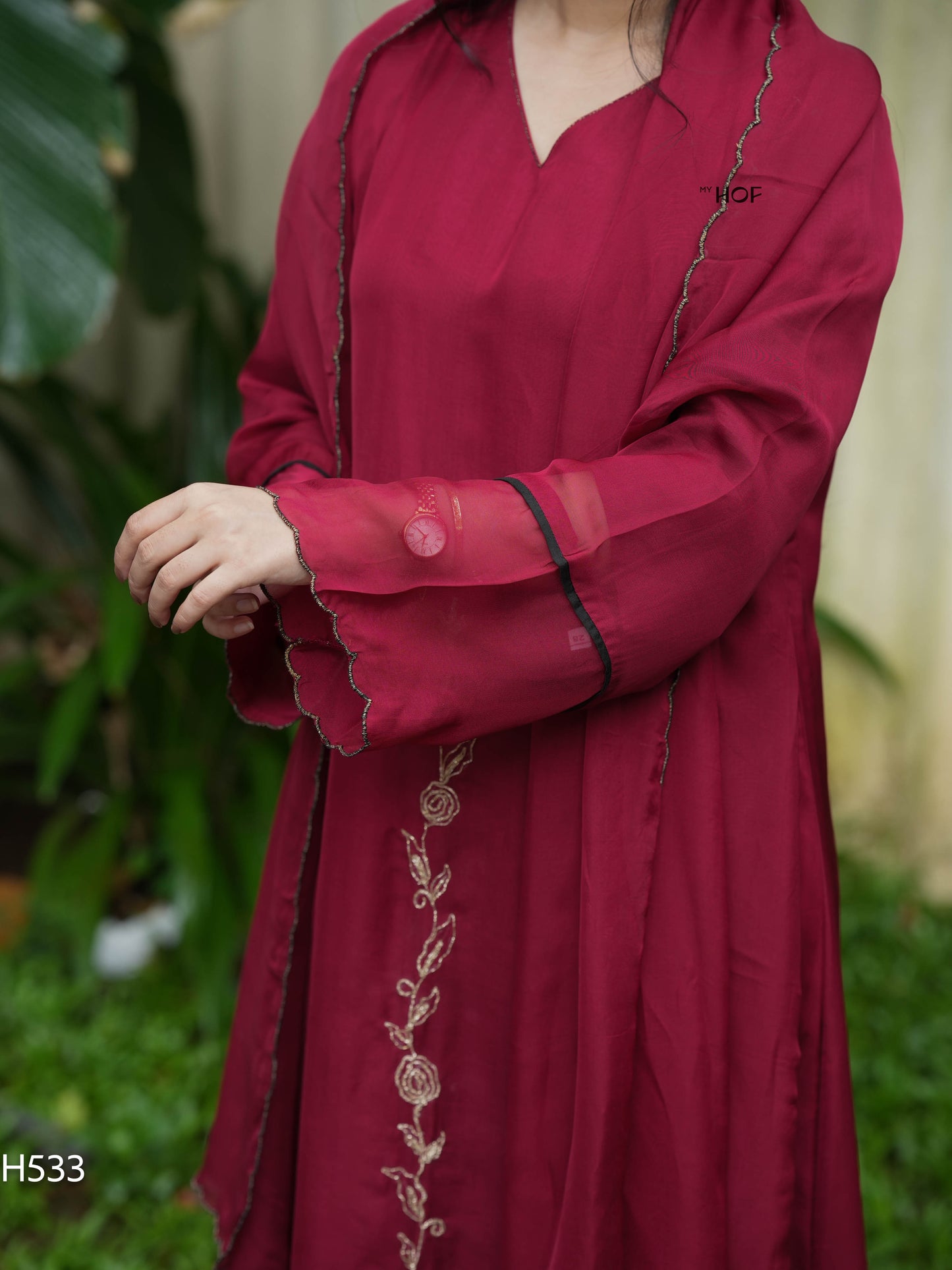 MY HOF Maroon and Black Suit Set With Embroidery In Organza (H533)
