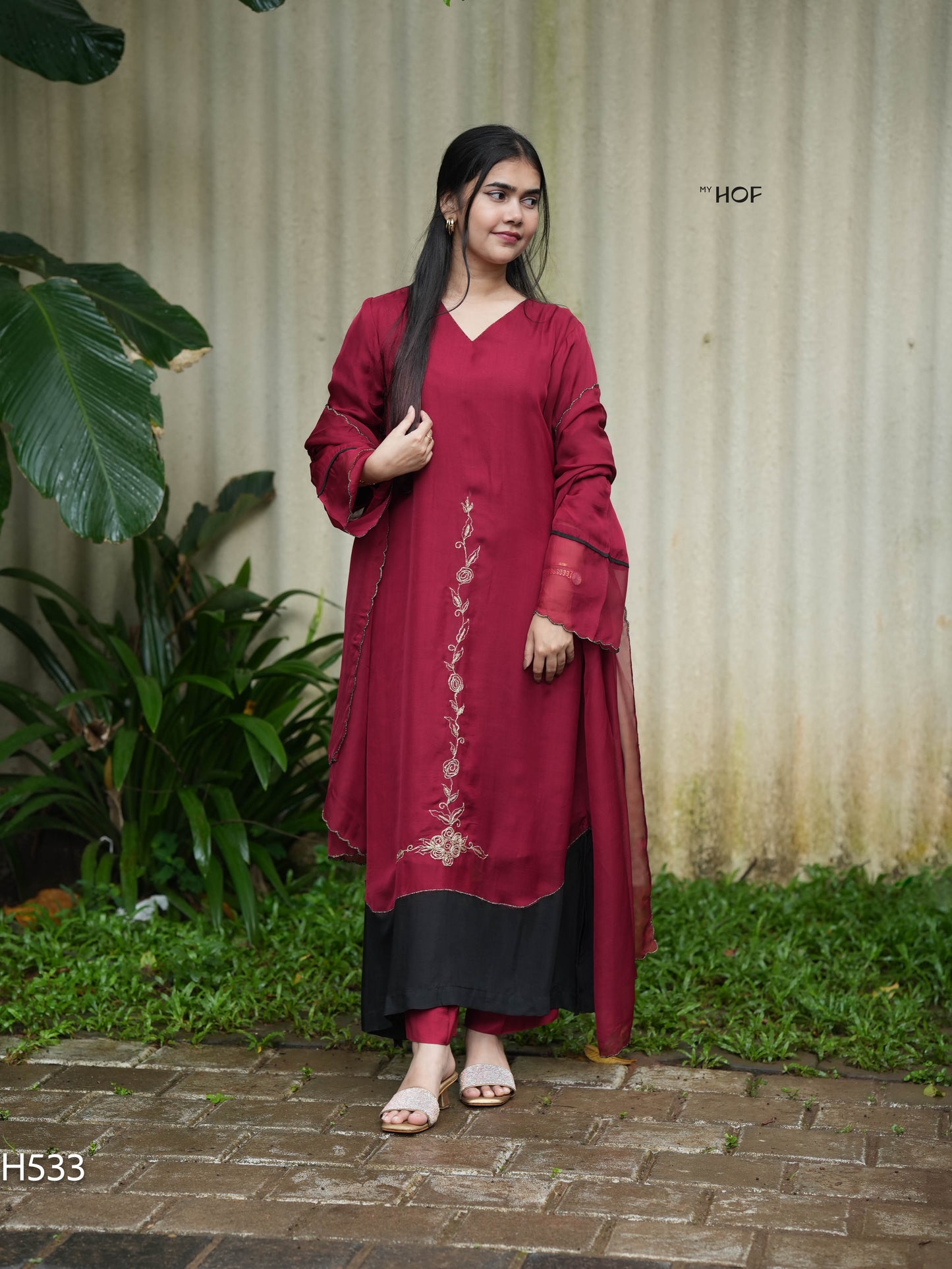 MY HOF Maroon and Black Suit Set With Embroidery In Organza (H533)