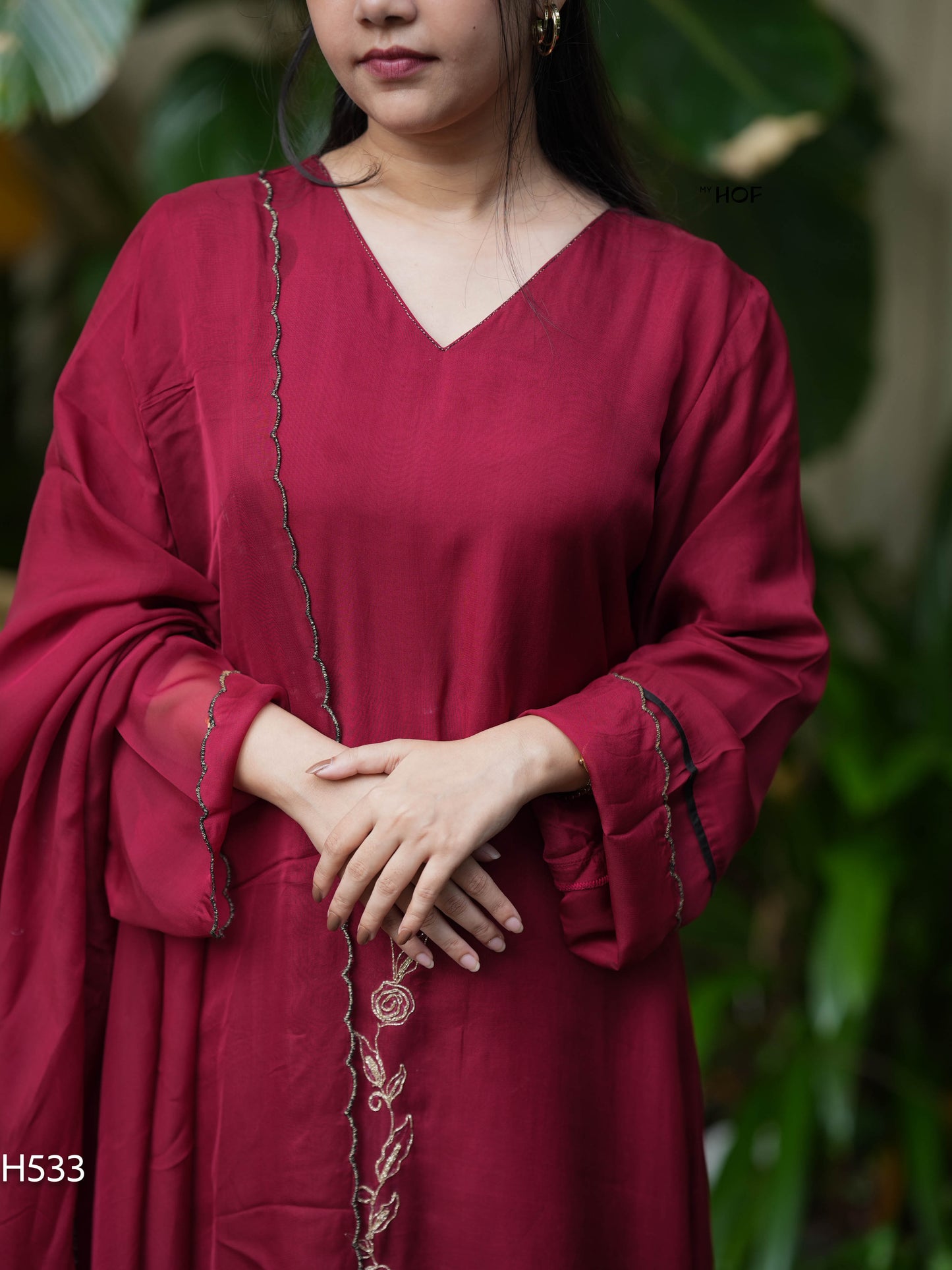MY HOF Maroon and Black Suit Set With Embroidery In Organza (H533)