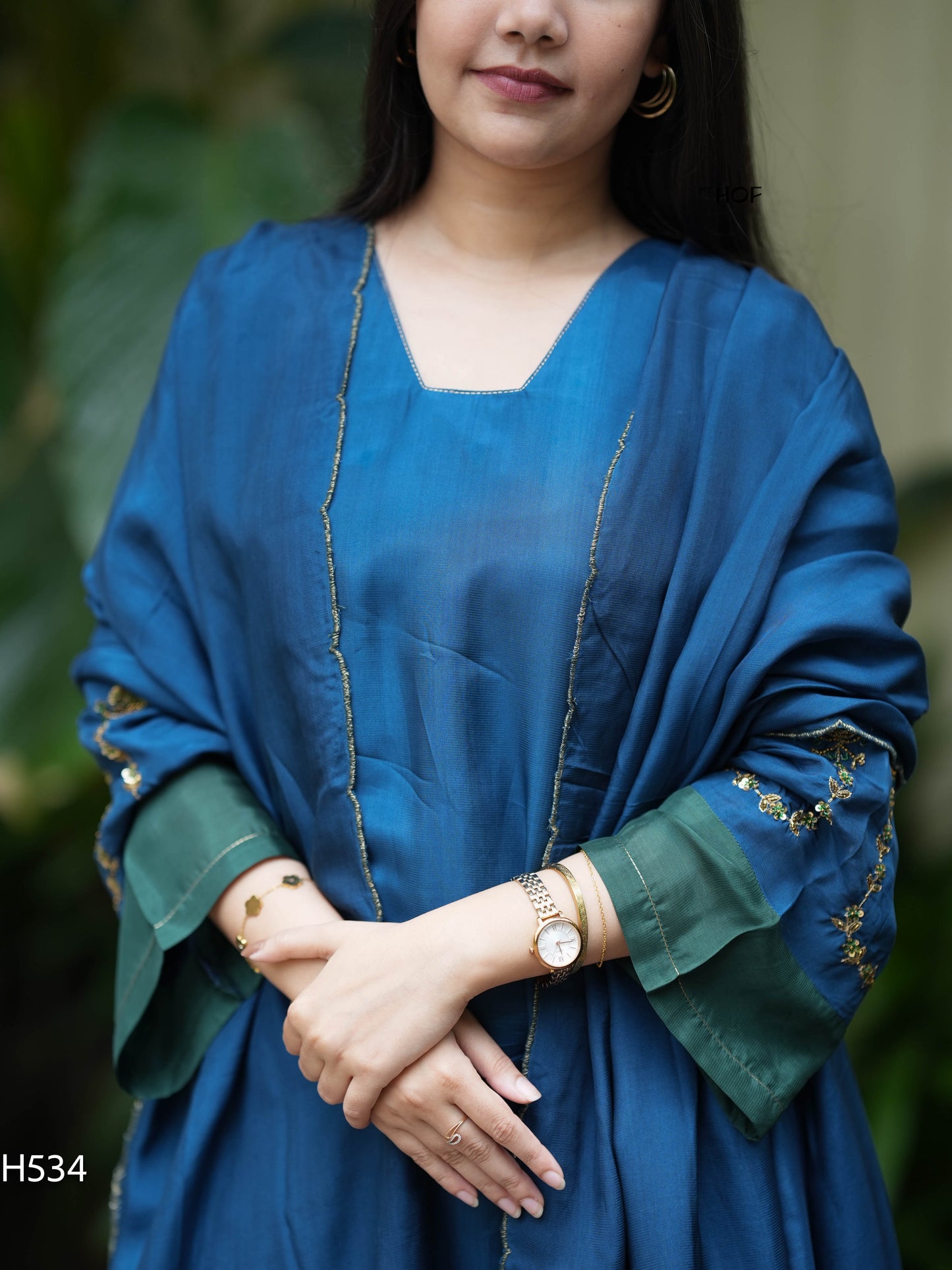 MY HOF Teal Blue and Green Suit Set With Hand Embroidery In Crepe(H534)