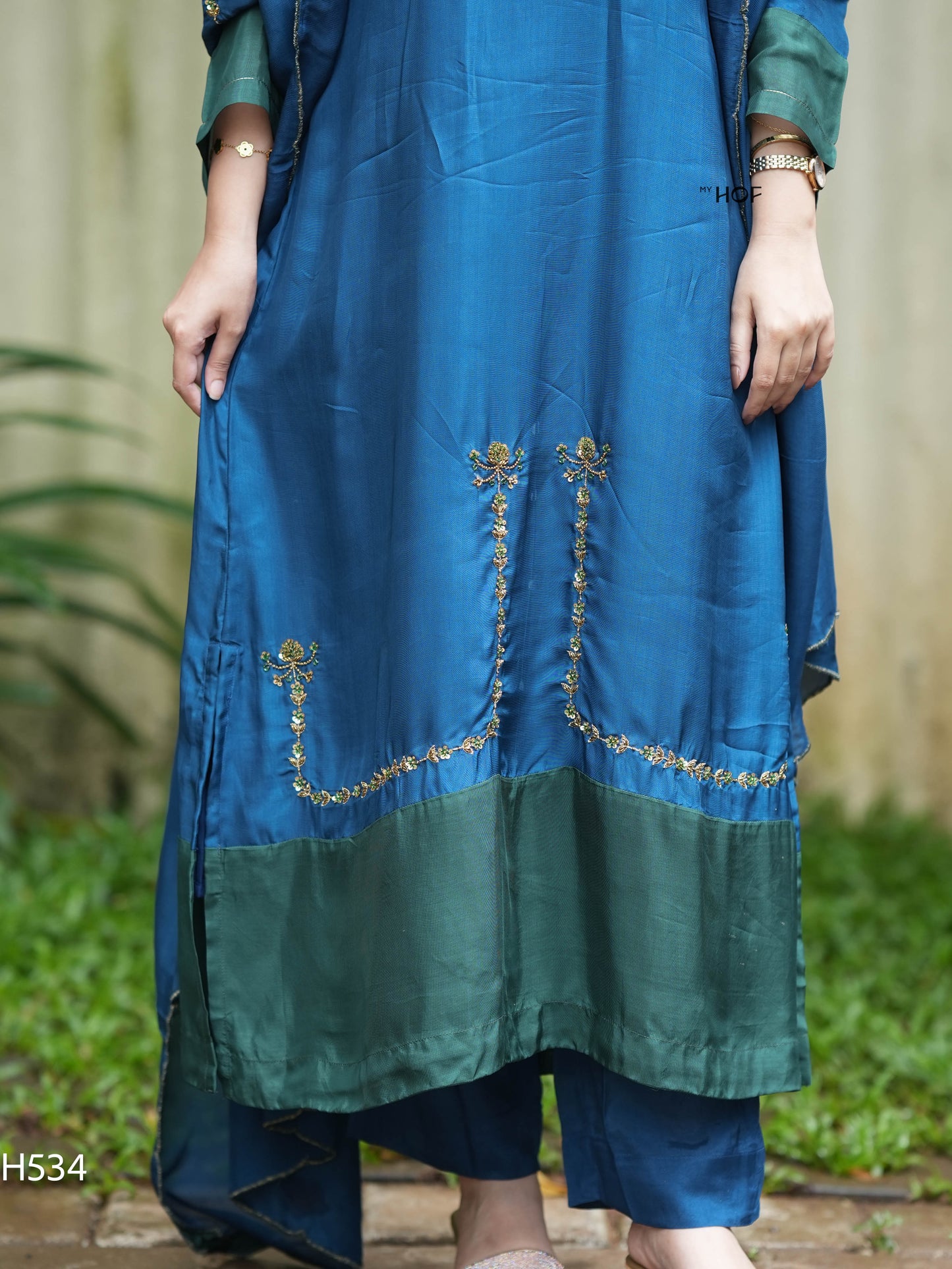MY HOF Teal Blue and Green Suit Set With Hand Embroidery In Crepe(H534)