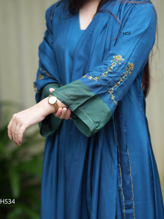 MY HOF Teal Blue and Green Suit Set With Hand Embroidery In Crepe(H534)