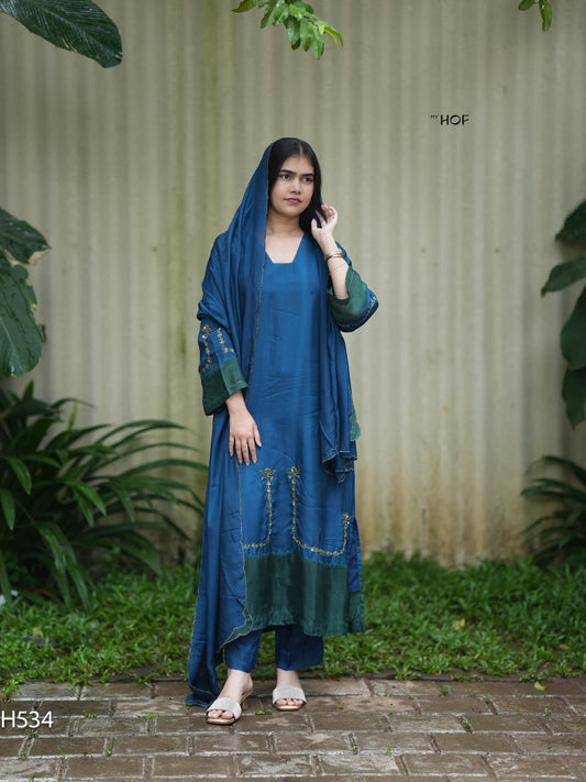MY HOF Teal Blue and Green Suit Set With Hand Embroidery In Crepe(H534)