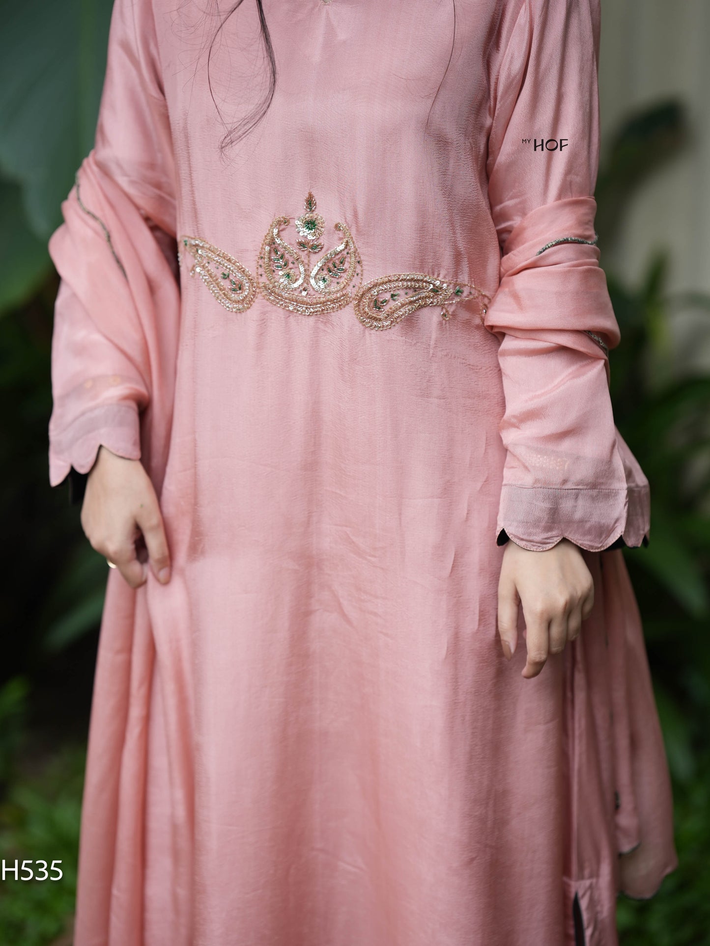 MY HOF Peach Suit Set With Hand Embroidery In Crepe (H535)