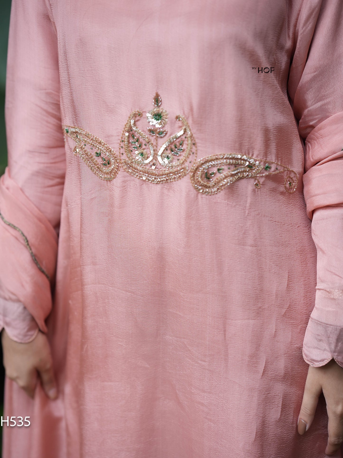 MY HOF Peach Suit Set With Hand Embroidery In Crepe (H535)