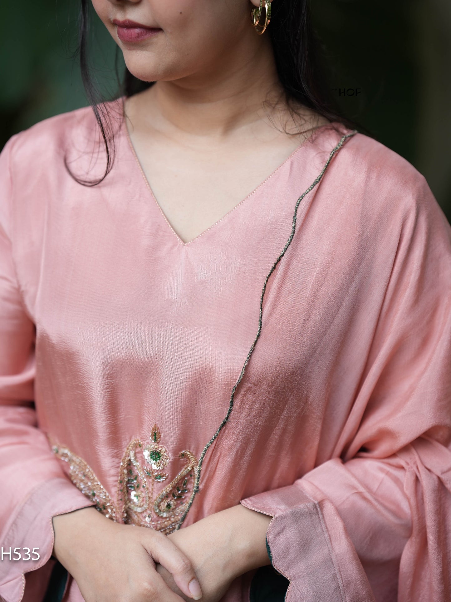 MY HOF Peach Suit Set With Hand Embroidery In Crepe (H535)