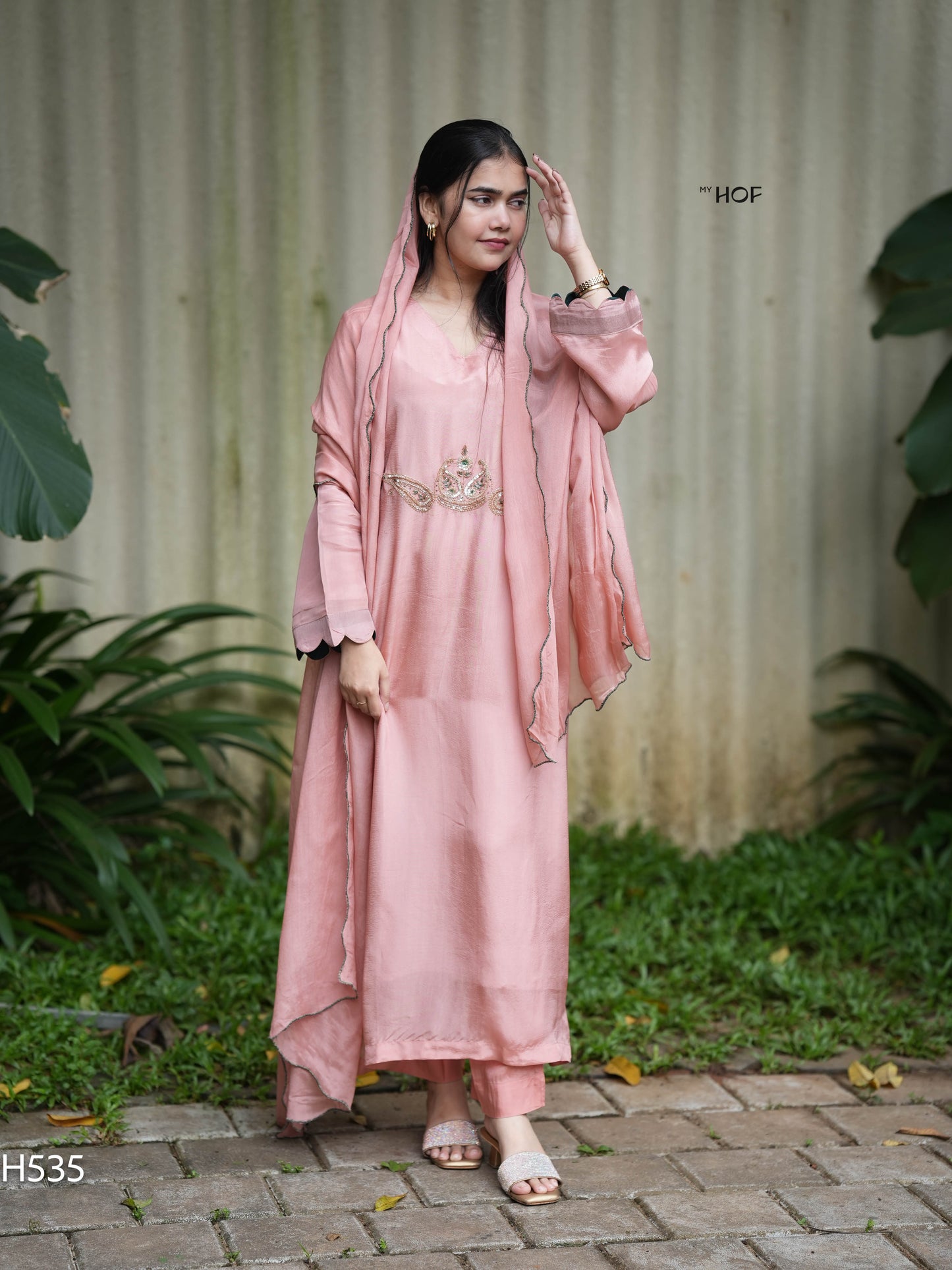 MY HOF Peach Suit Set With Hand Embroidery In Crepe (H535)
