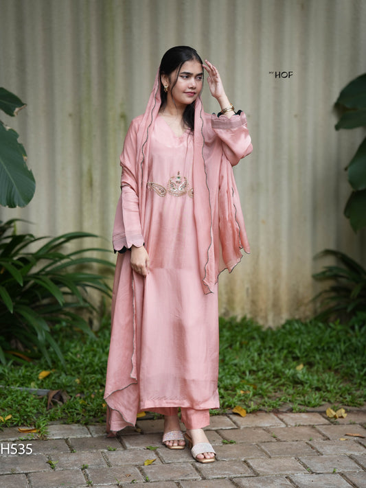 MY HOF Peach Suit Set With Hand Embroidery In Crepe (H535)
