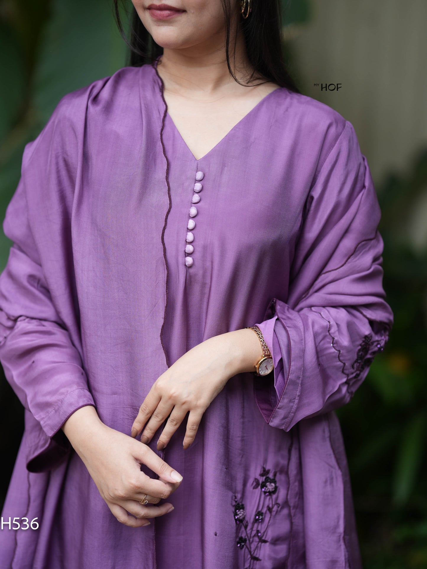 MY HOF Purple Suit Set With Hand Embroidery In Crepe(H536)