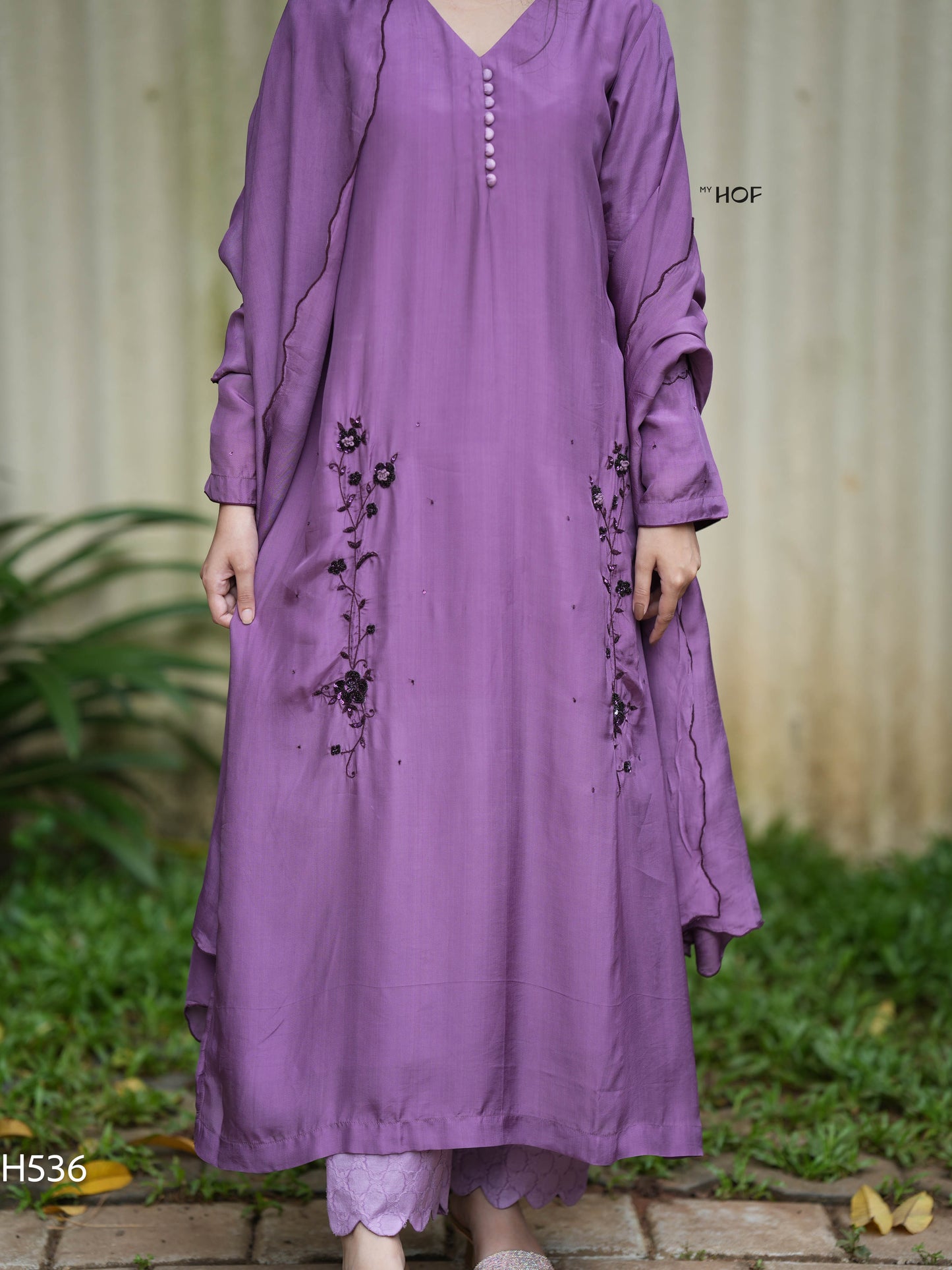 MY HOF Purple Suit Set With Hand Embroidery In Crepe(H536)