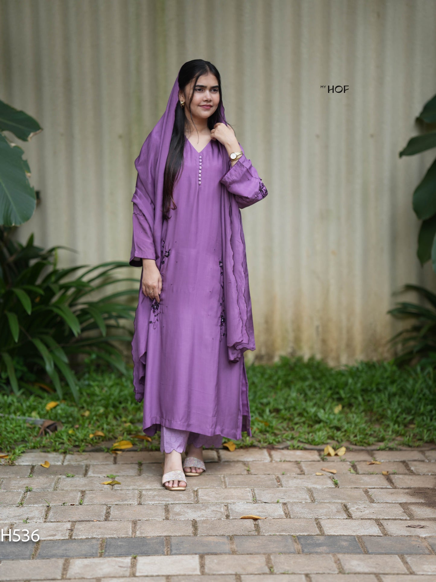 MY HOF Purple Suit Set With Hand Embroidery In Crepe(H536)