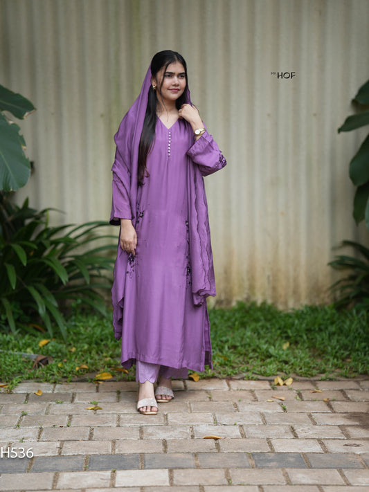 MY HOF Purple Suit Set With Hand Embroidery In Crepe(H536)