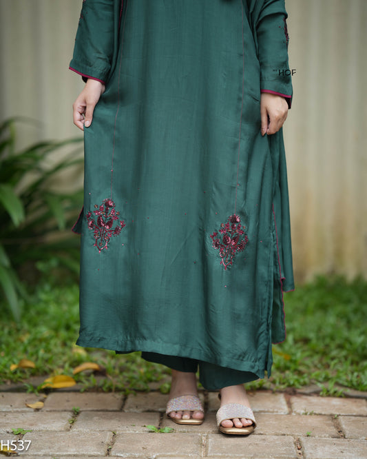 MY HOF Bottle Green Suit Set With Hand Embroidery In Crepe (H532)