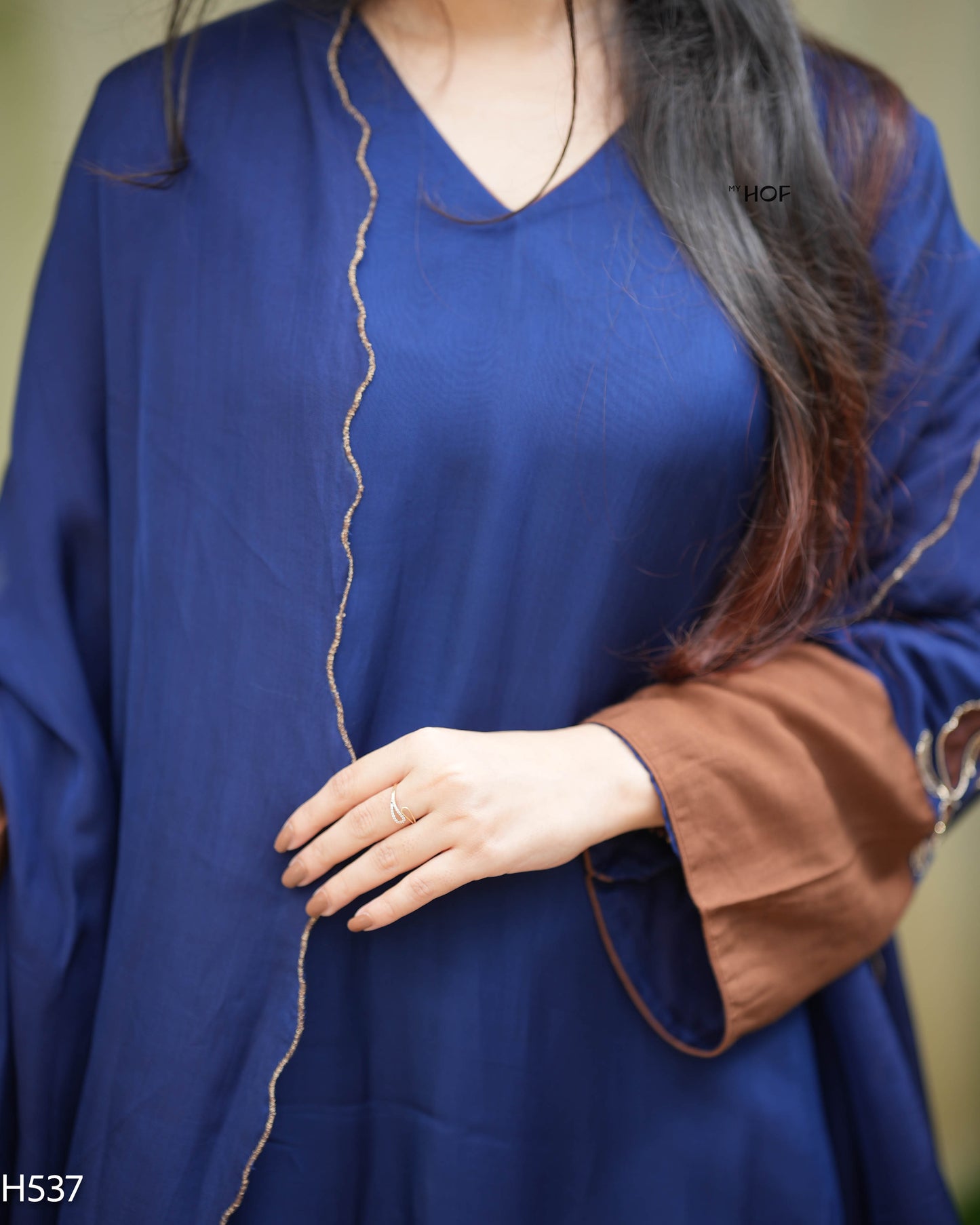 MY HOF Navy Blue And Brown Suit Set WIth Hand Embroidery In Organza (H537)
