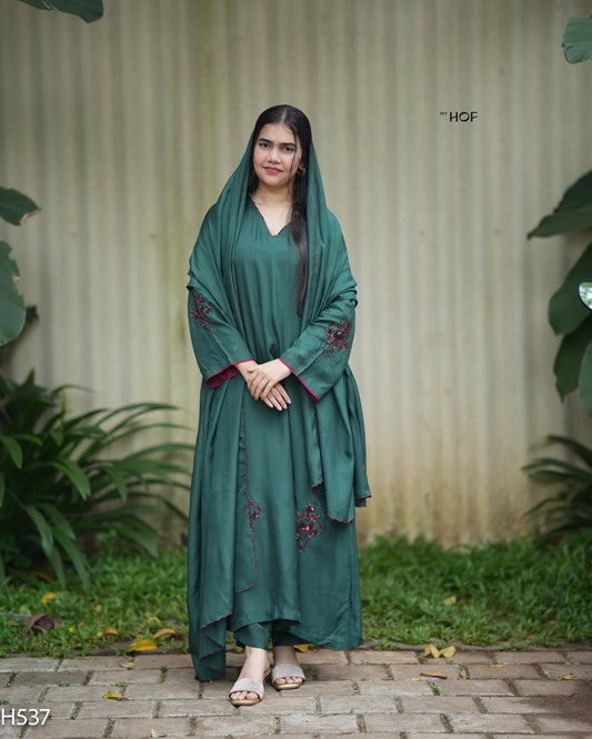 MY HOF Bottle Green Suit Set With Hand Embroidery In Crepe (H532)