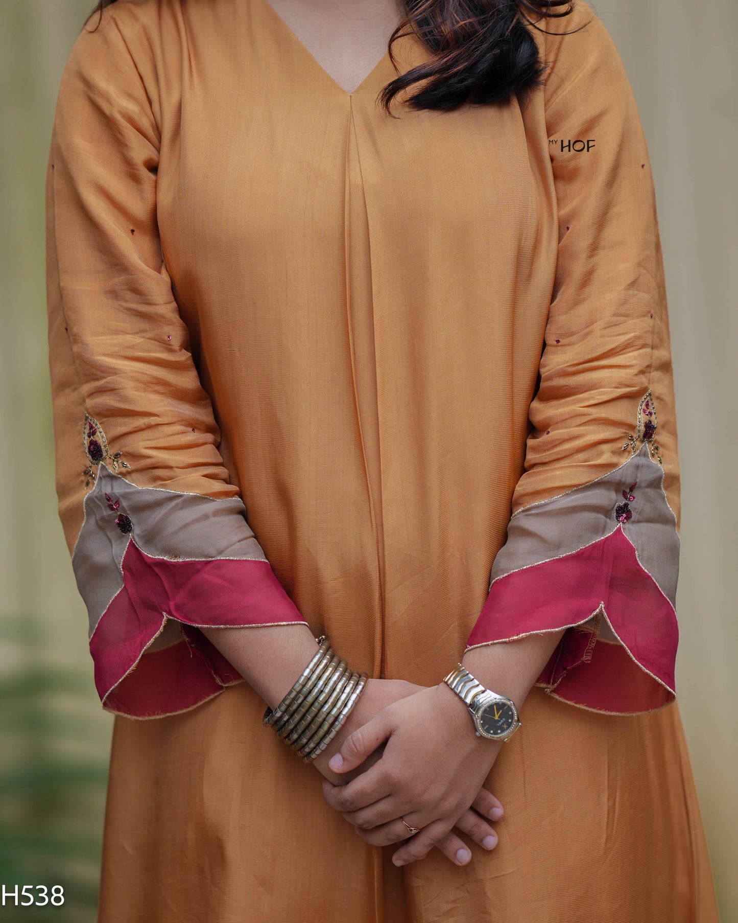 MY HOF Mustard Yellow Suit Set With Hand Embroidery In Crepe (H538)