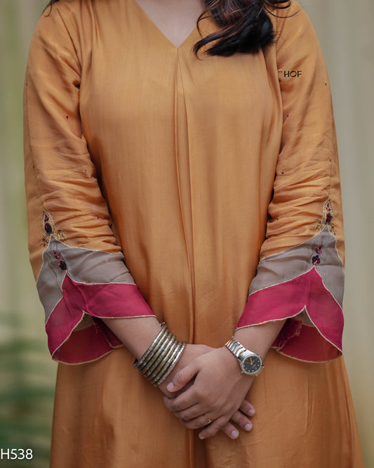 MY HOF Mustard Yellow Suit Set With Hand Embroidery In Crepe (H538)