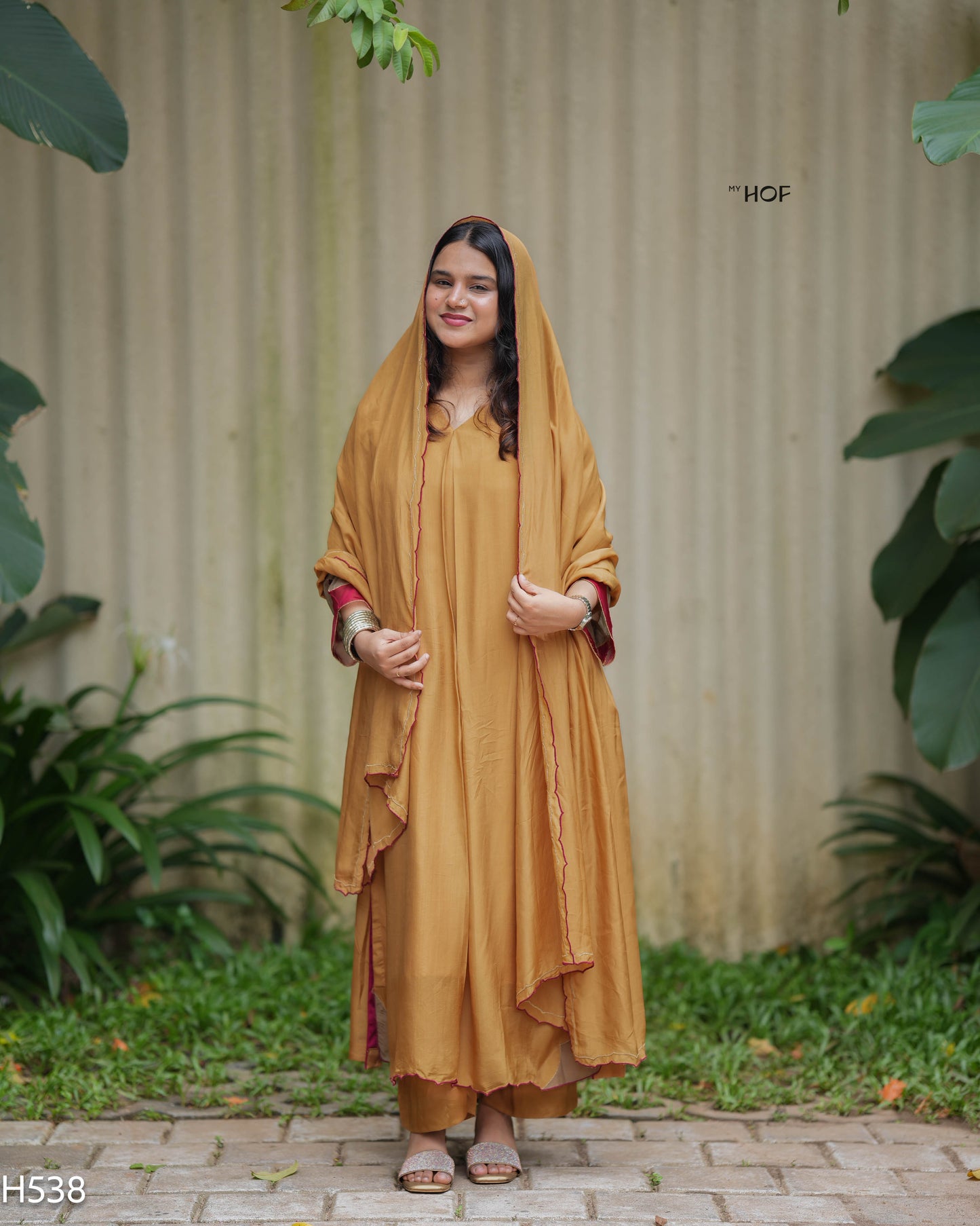 MY HOF Mustard Yellow Suit Set With Hand Embroidery In Crepe (H538)