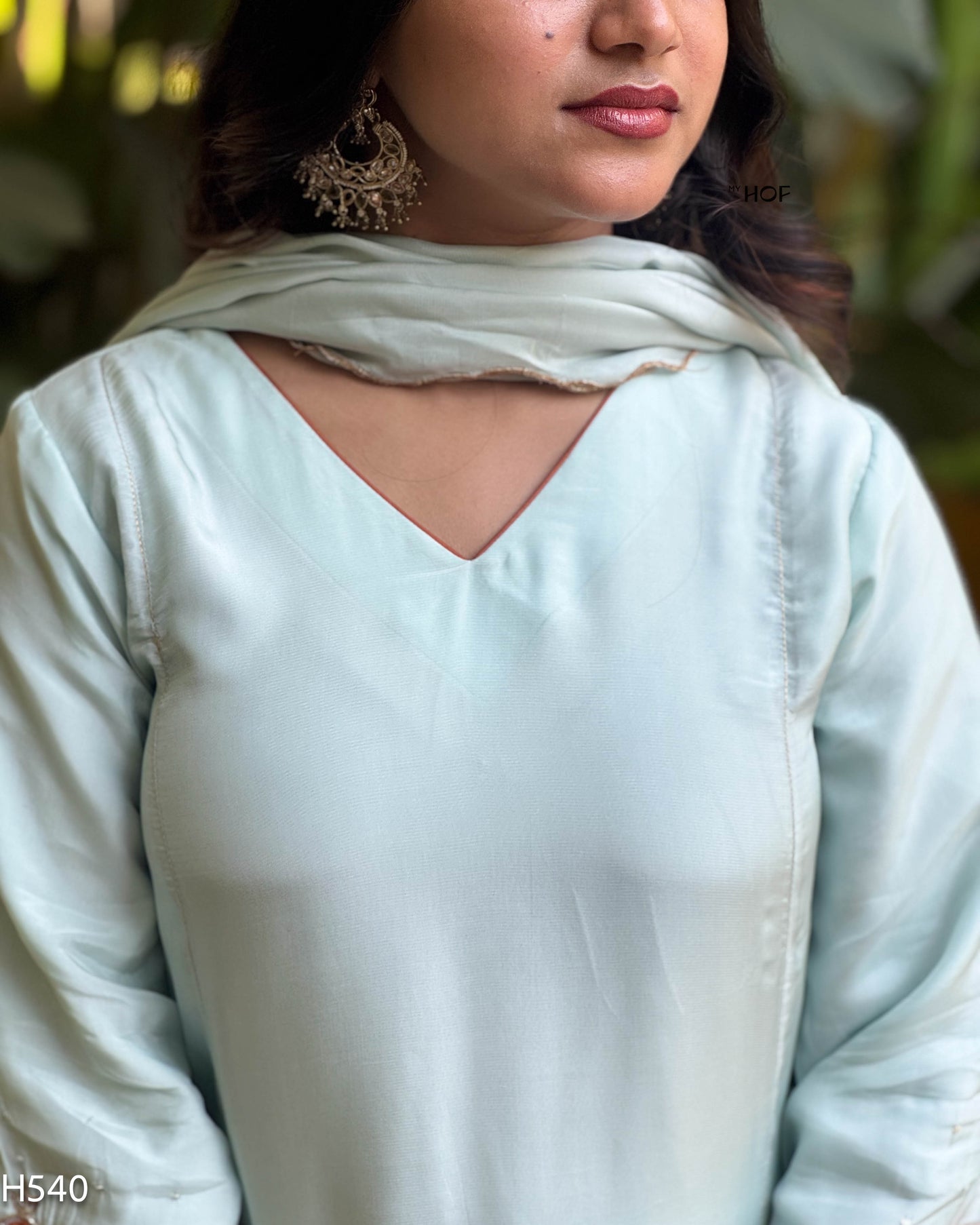 MY HOF Aqua Blue Suit Set With Hand Embroidery In Crepe (H540)
