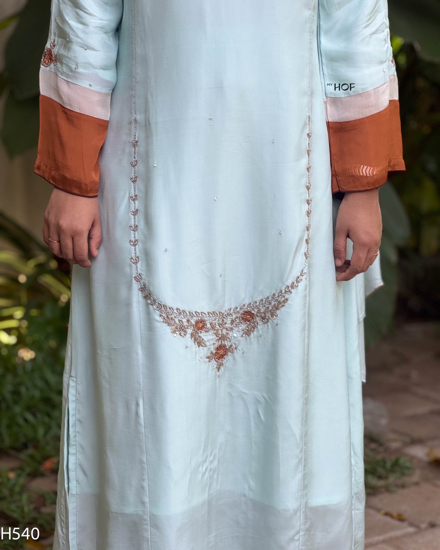 MY HOF Aqua Blue Suit Set With Hand Embroidery In Crepe (H540)