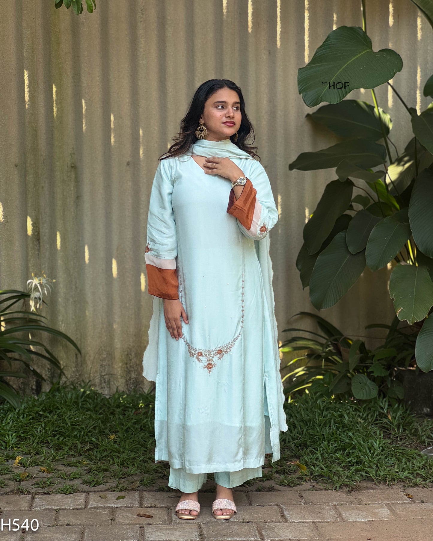 MY HOF Aqua Blue Suit Set With Hand Embroidery In Crepe (H540)