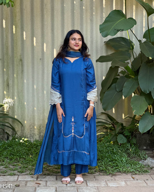 MY HOF Royal Blue Suit Set With Hand Embroidery In Muslin (H541)