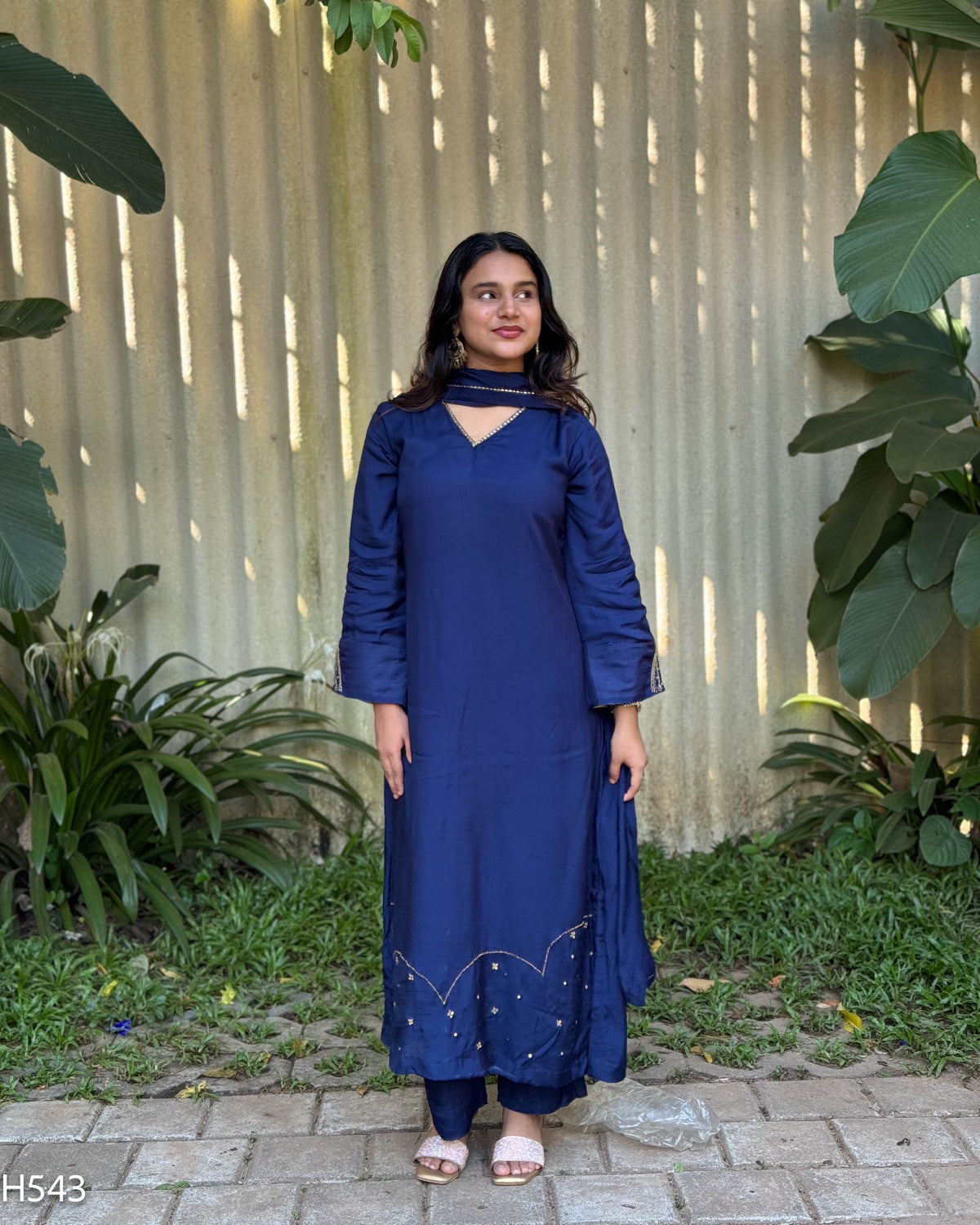 MY HOF Navy Blue Suit Set With Hand Embroidery Muslin (H543)