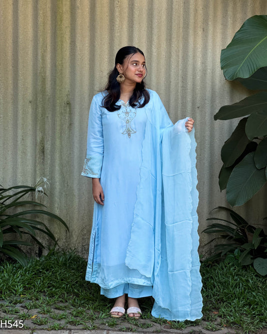 MY HOF Sky Blue Suit Set With Hand Embroidery In Organza (H545)