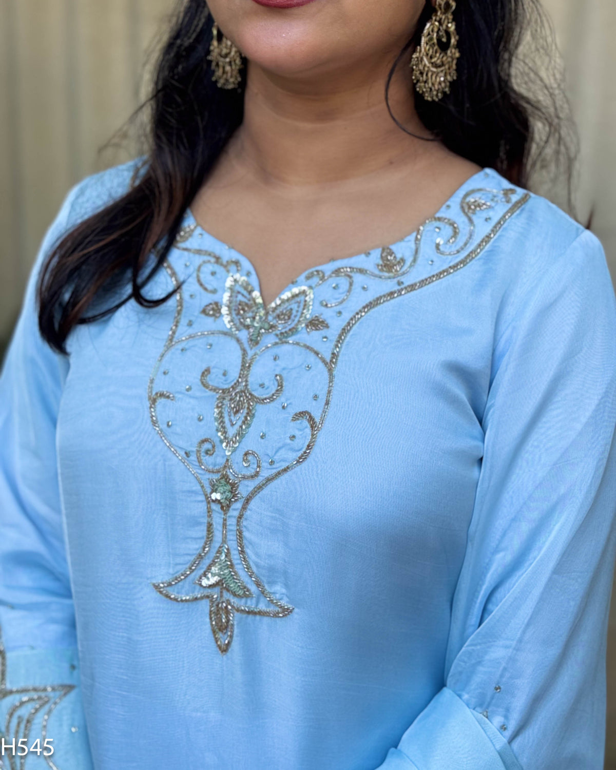 MY HOF Sky Blue Suit Set With Hand Embroidery In Organza (H545)