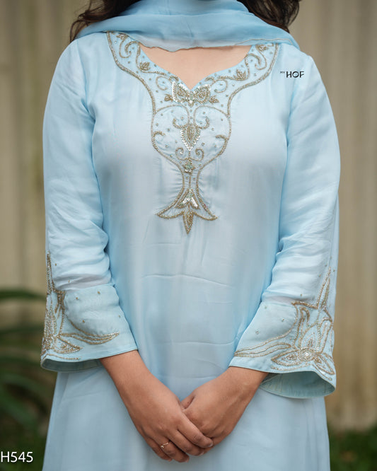 MY HOF Sky Blue Suit Set With Hand Embroidery In Organza (H545)
