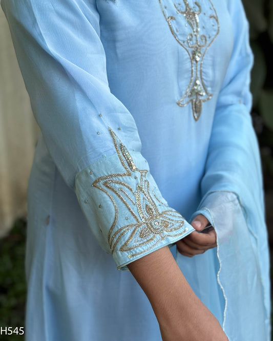 MY HOF Sky Blue Suit Set With Hand Embroidery In Organza (H545)