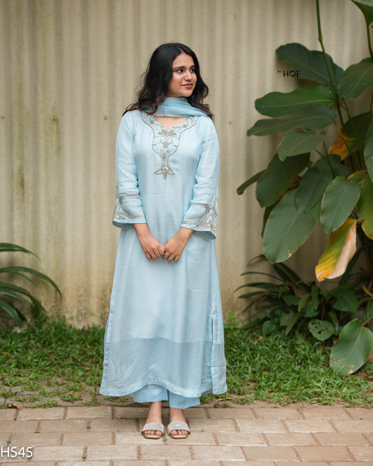 MY HOF Sky Blue Suit Set With Hand Embroidery In Organza (H545)