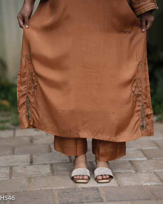 MY HOF Camel Brown Suit Set With Hand Embroidery In Muslin(H546)
