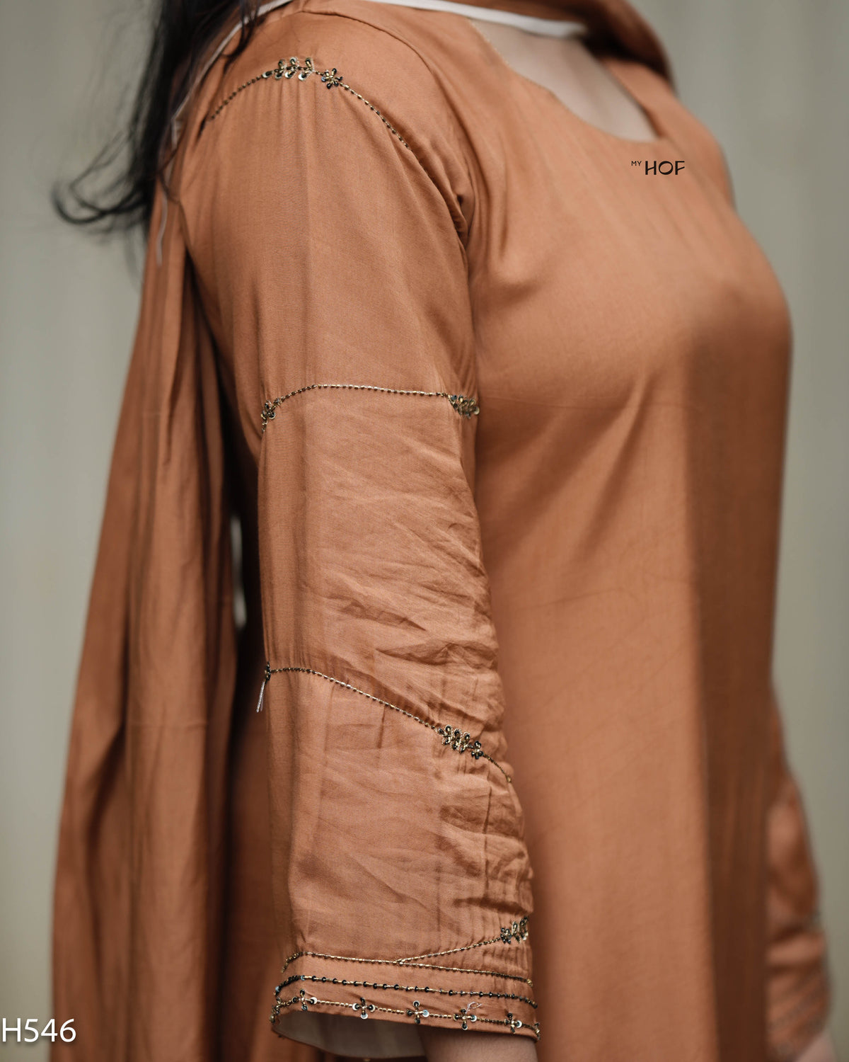 MY HOF Camel Brown Suit Set With Hand Embroidery In Muslin(H546)