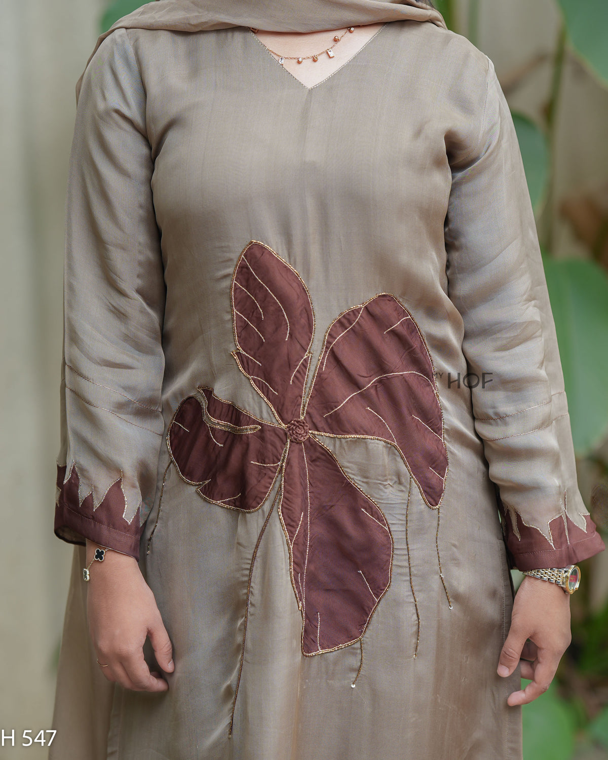 MY HOF Mashroom Grey Suit Set With Brown Contrasting In Organza (H547)