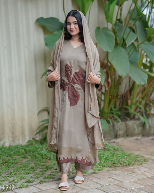 MY HOF Mashroom Grey Suit Set With Brown Contrasting In Organza (H547)