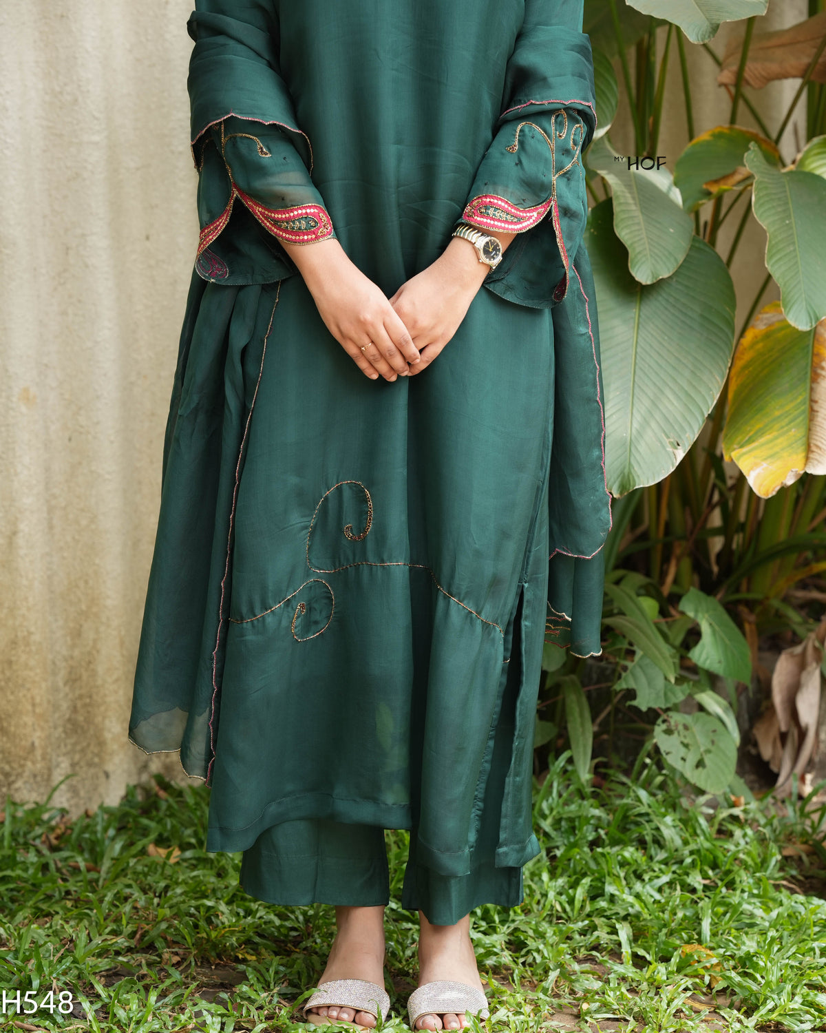 MY HOF Bottle Green Suit Set With Hand Embroidery In Organza (H548)