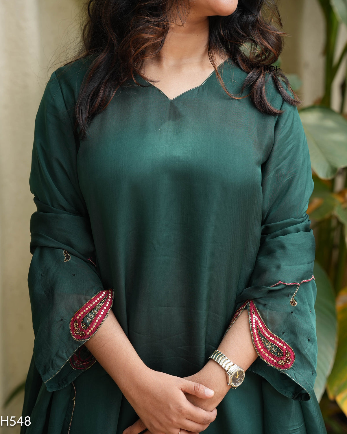 MY HOF Bottle Green Suit Set With Hand Embroidery In Organza (H548)
