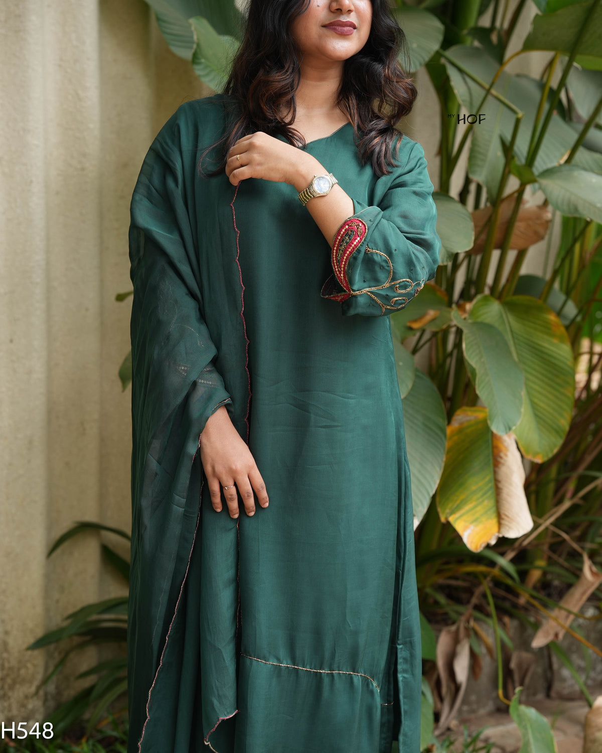 MY HOF Bottle Green Suit Set With Hand Embroidery In Organza (H548)