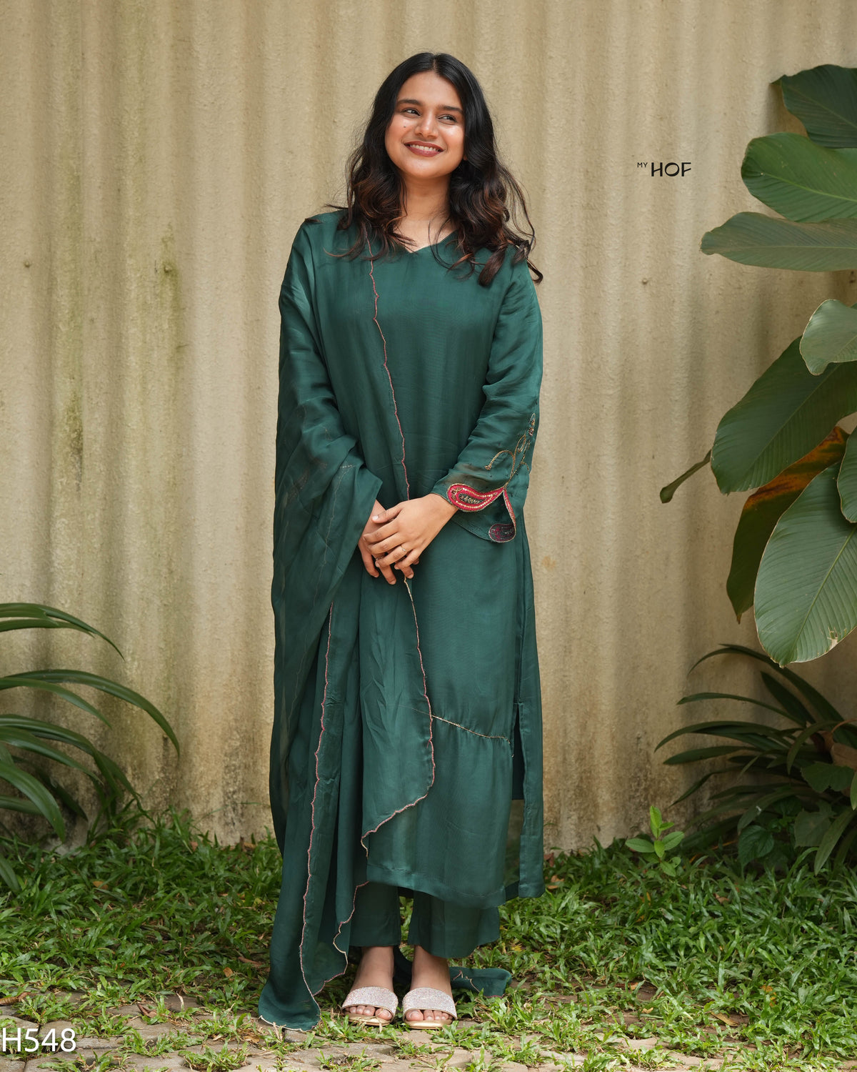 MY HOF Bottle Green Suit Set With Hand Embroidery In Organza (H548)