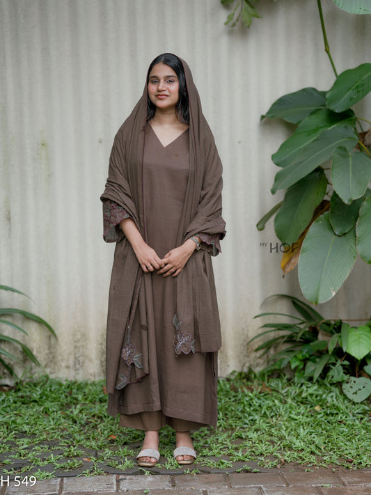 MY HOF Taupe Brown Suit Set With Floral Embroidery In Kota Checks (H549)