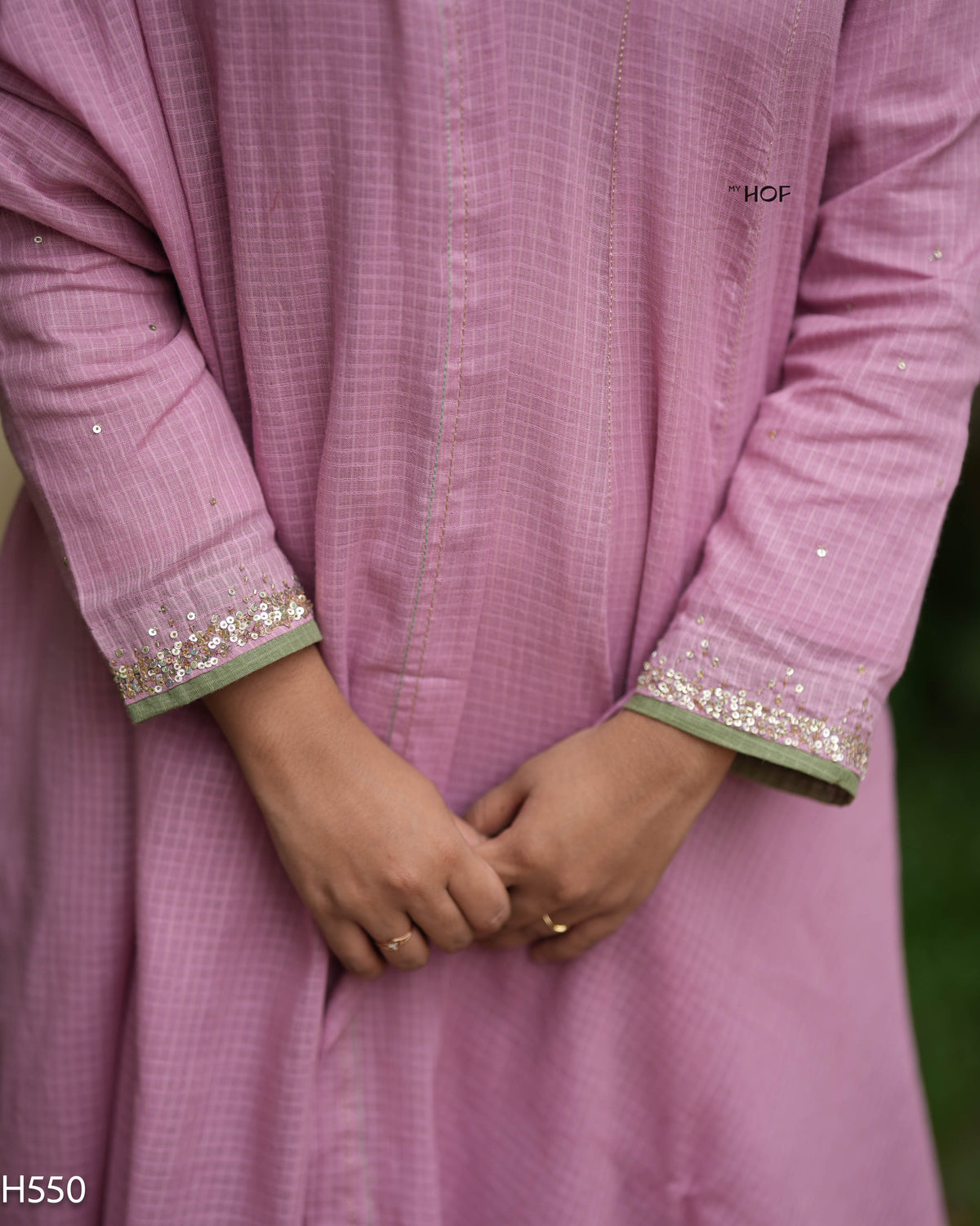 MY HOF Candy Pink Suit Set With Hand Embroidery In Kota Checks (H550)