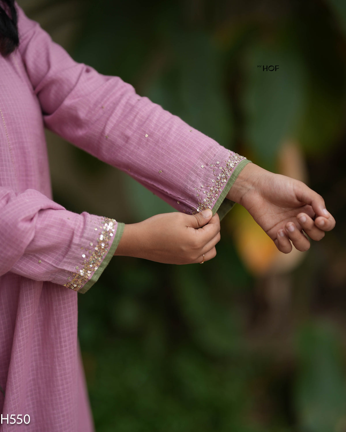 MY HOF Candy Pink Suit Set With Hand Embroidery In Kota Checks (H550)