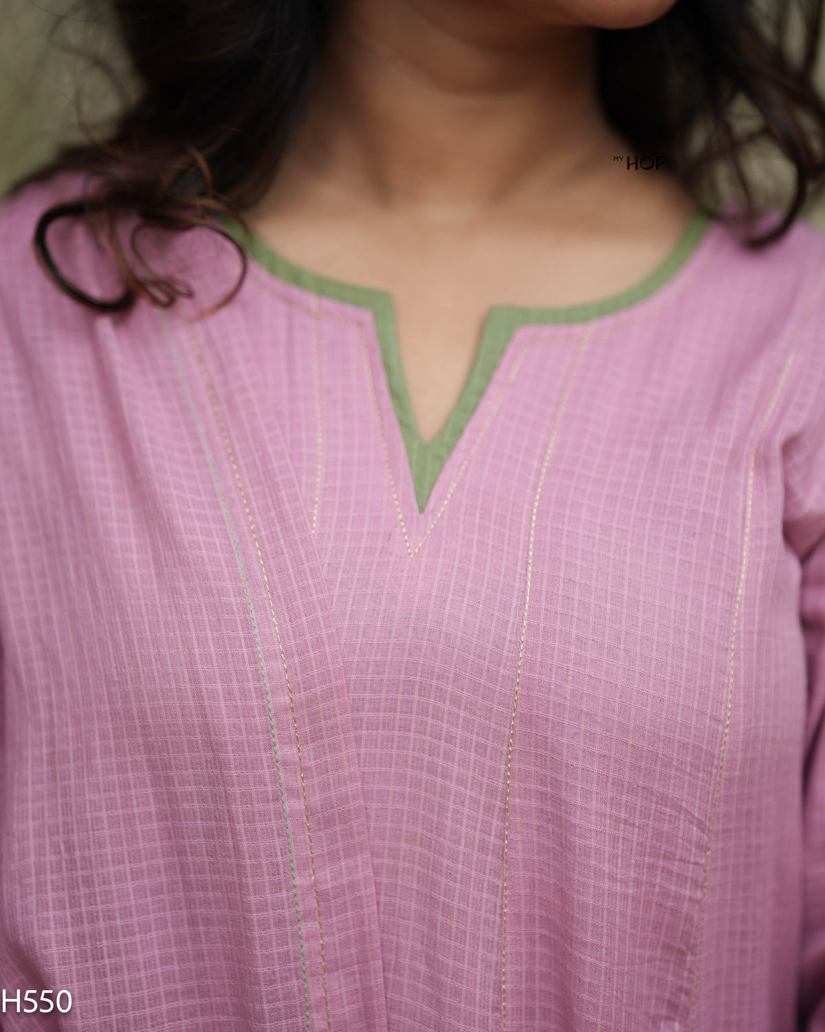 MY HOF Candy Pink Suit Set With Hand Embroidery In Kota Checks (H550)