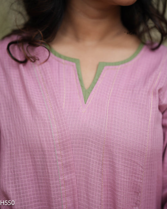 MY HOF Candy Pink Suit Set With Hand Embroidery In Kota Checks (H550)