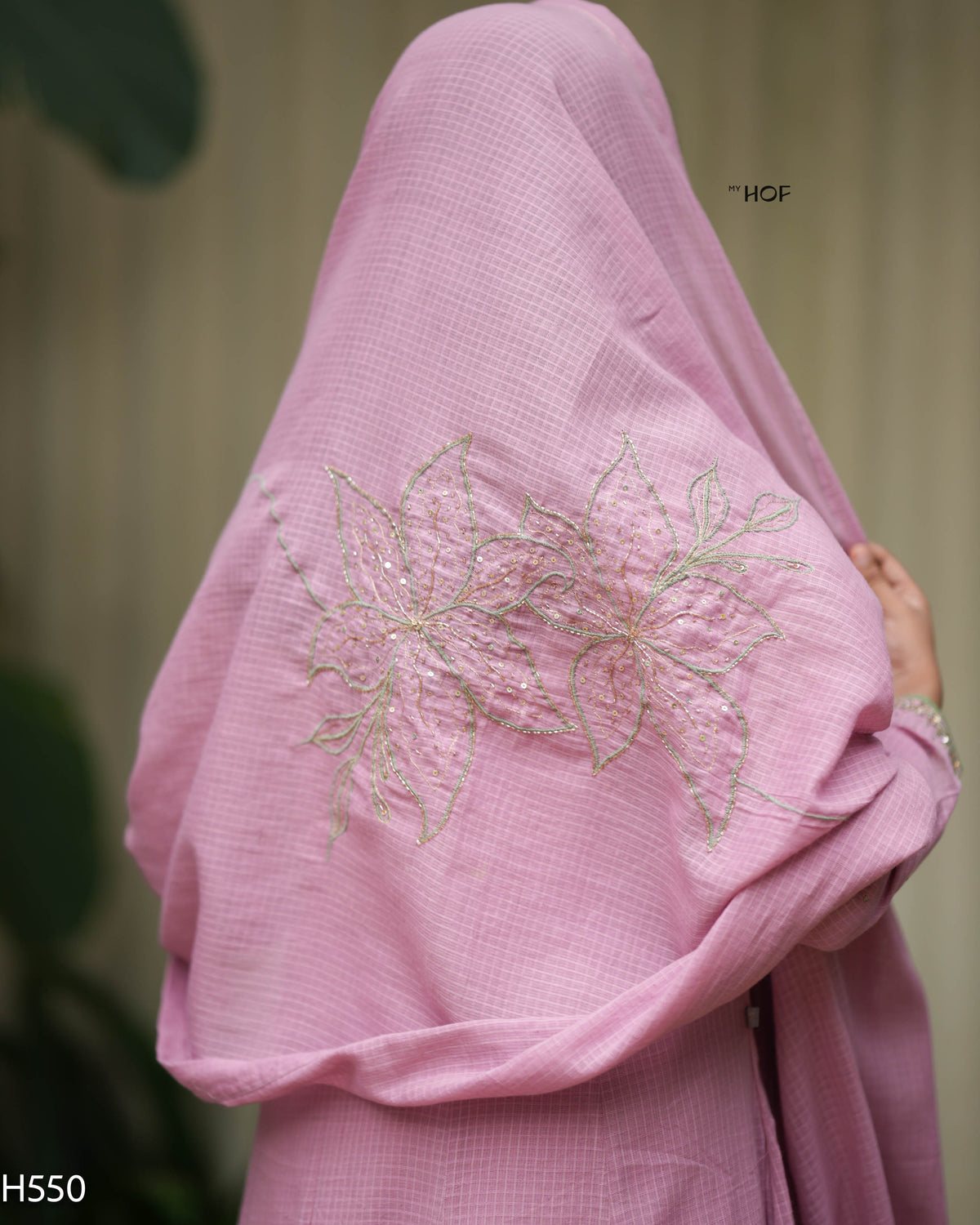 MY HOF Candy Pink Suit Set With Hand Embroidery In Kota Checks (H550)