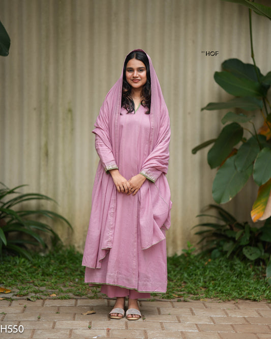 MY HOF Candy Pink Suit Set With Hand Embroidery In Kota Checks (H550)