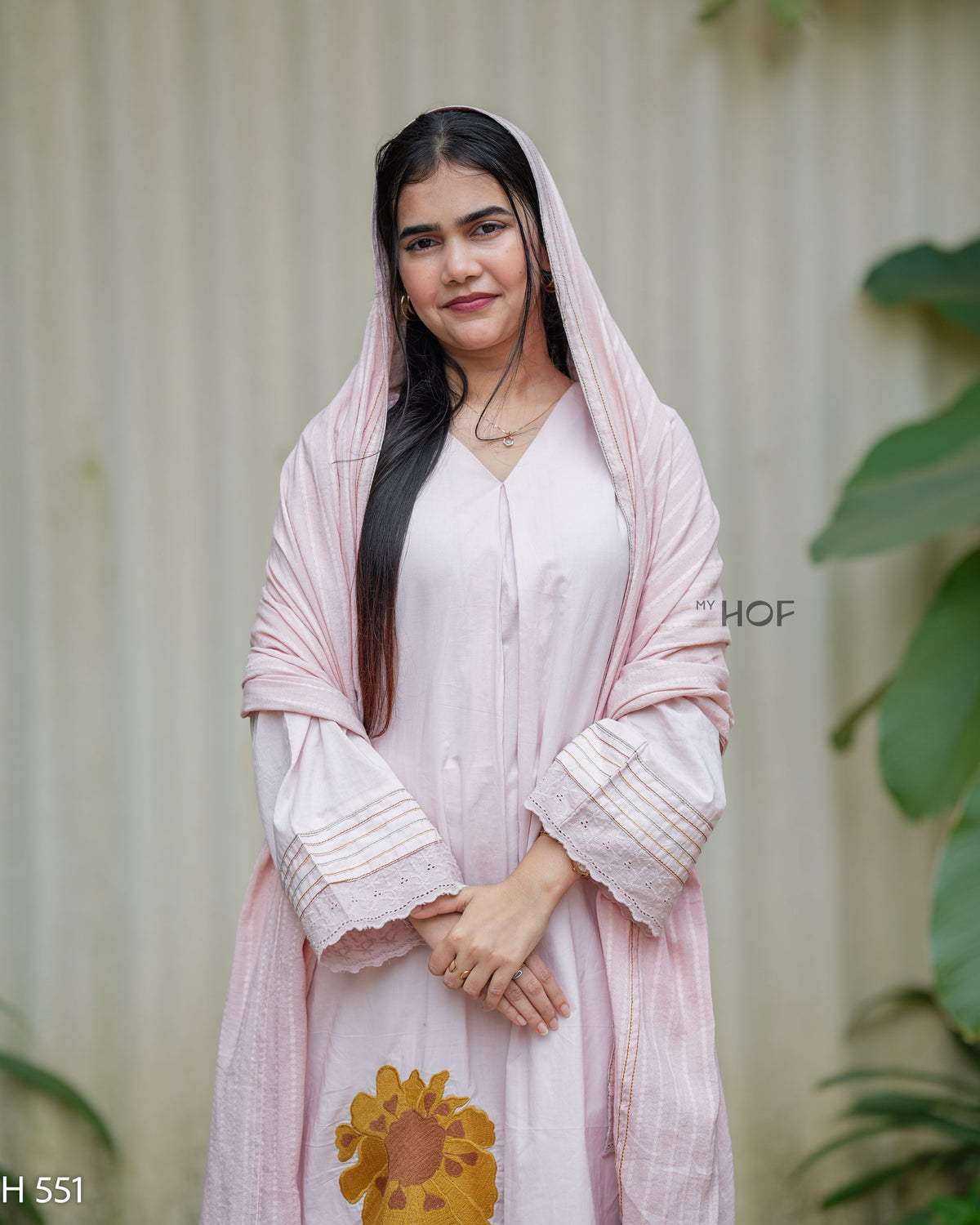 MY HOF Powder Pink Suit Set With Floral Embroidery In Cotton (H551)